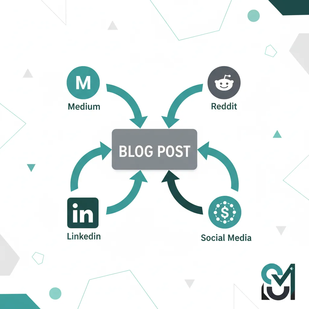 Content distribution strategy diagram showing blog post center branching to Medium Reddit LinkedIn social media platforms